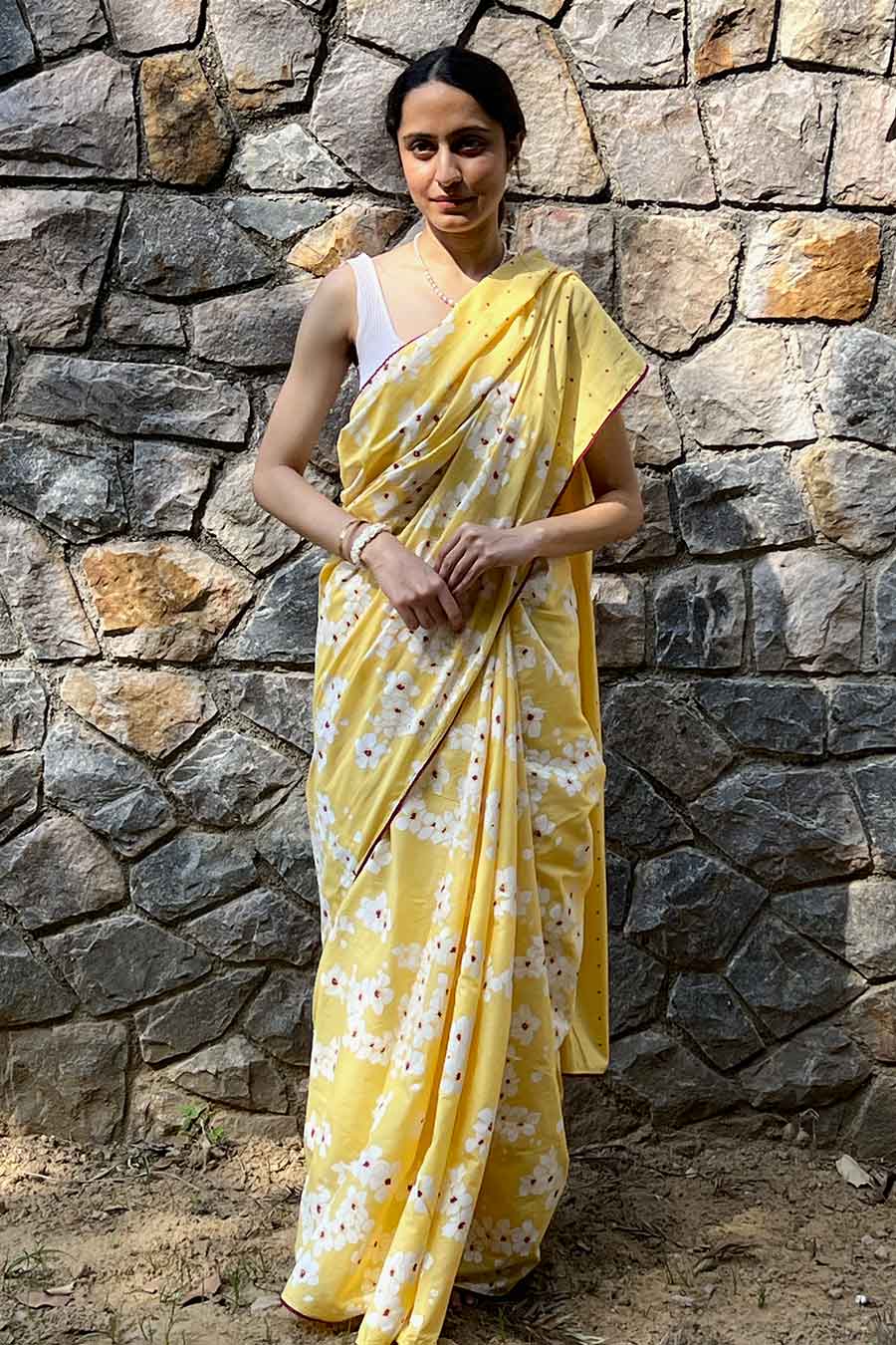 Yellow Floral Hand-Block Printed Saree