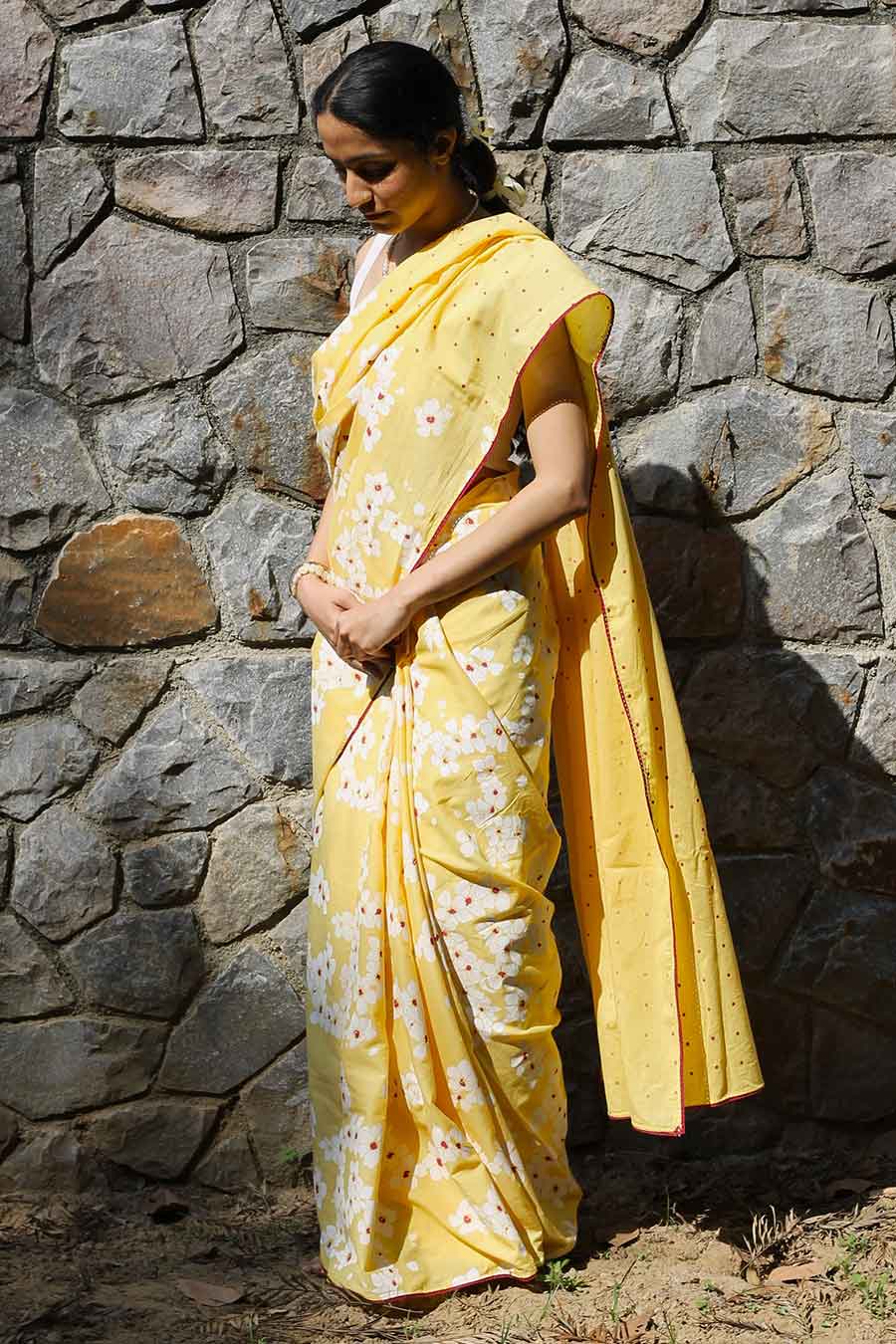 Yellow Floral Hand-Block Printed Saree
