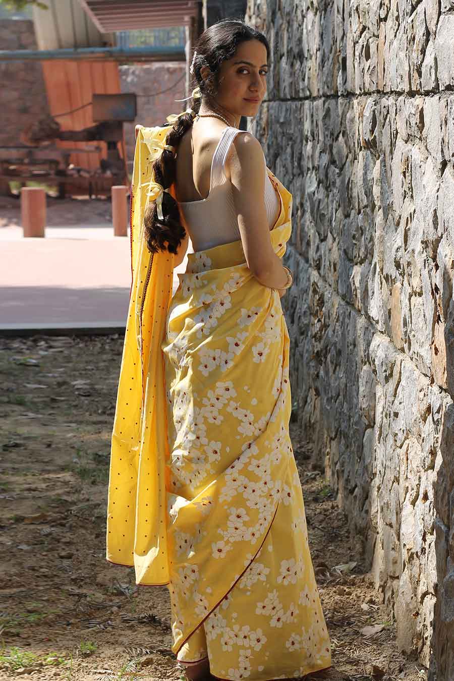Yellow Floral Hand-Block Printed Saree