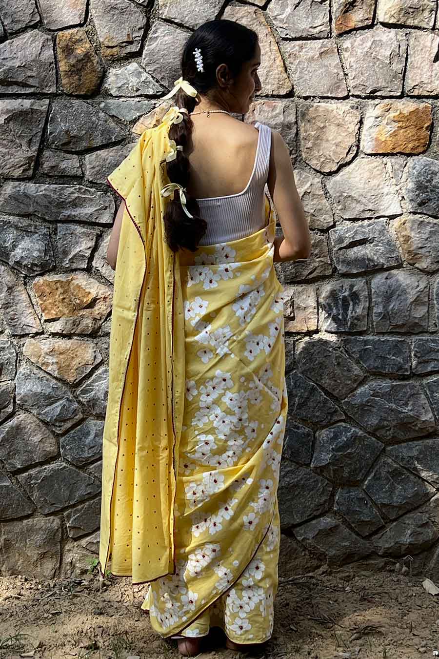 Yellow Floral Hand-Block Printed Saree