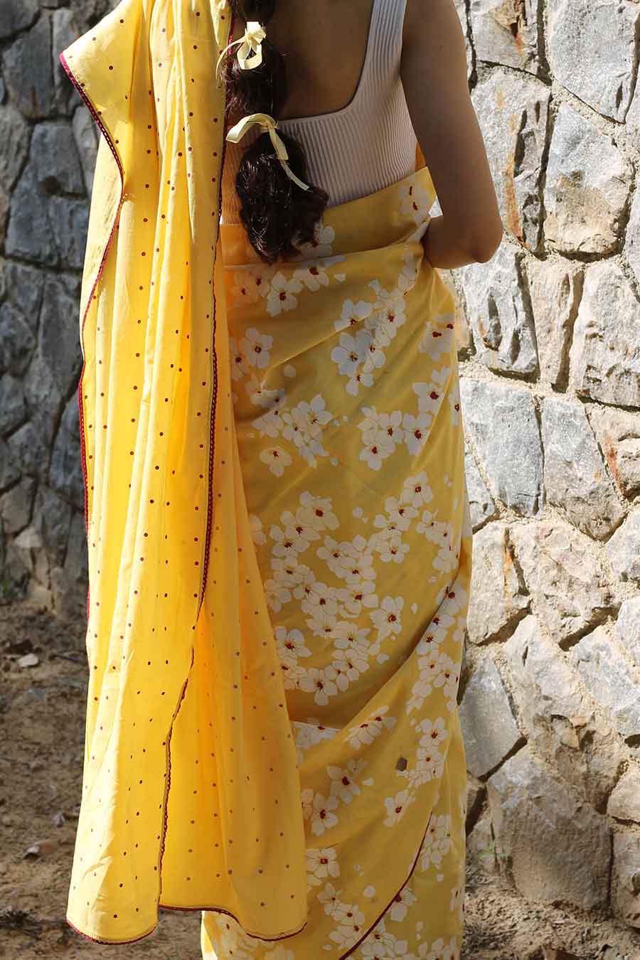 Yellow Floral Hand-Block Printed Saree