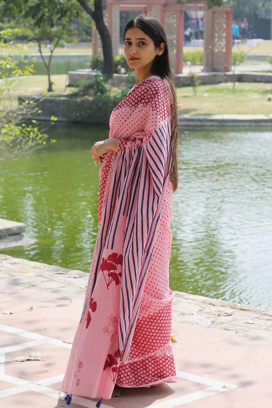 Pink Floral Hand-Block Printed Saree