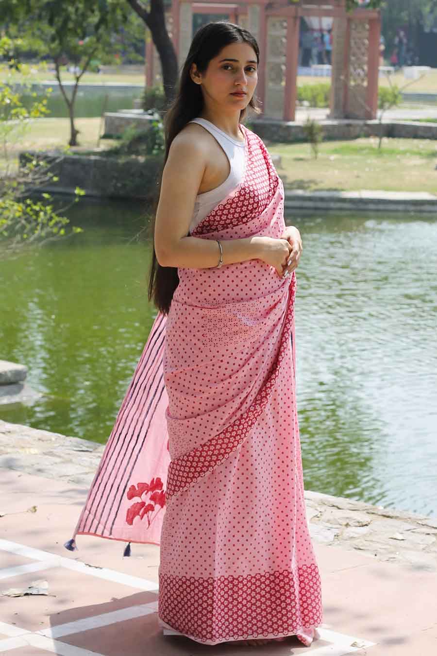 Pink Floral Hand-Block Printed Saree