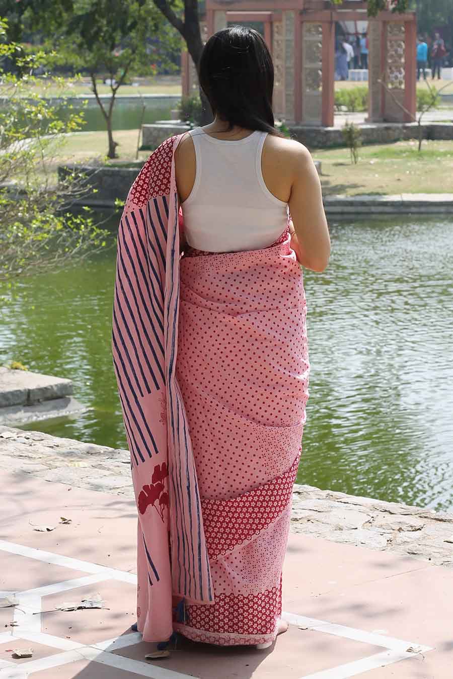 Pink Floral Hand-Block Printed Saree