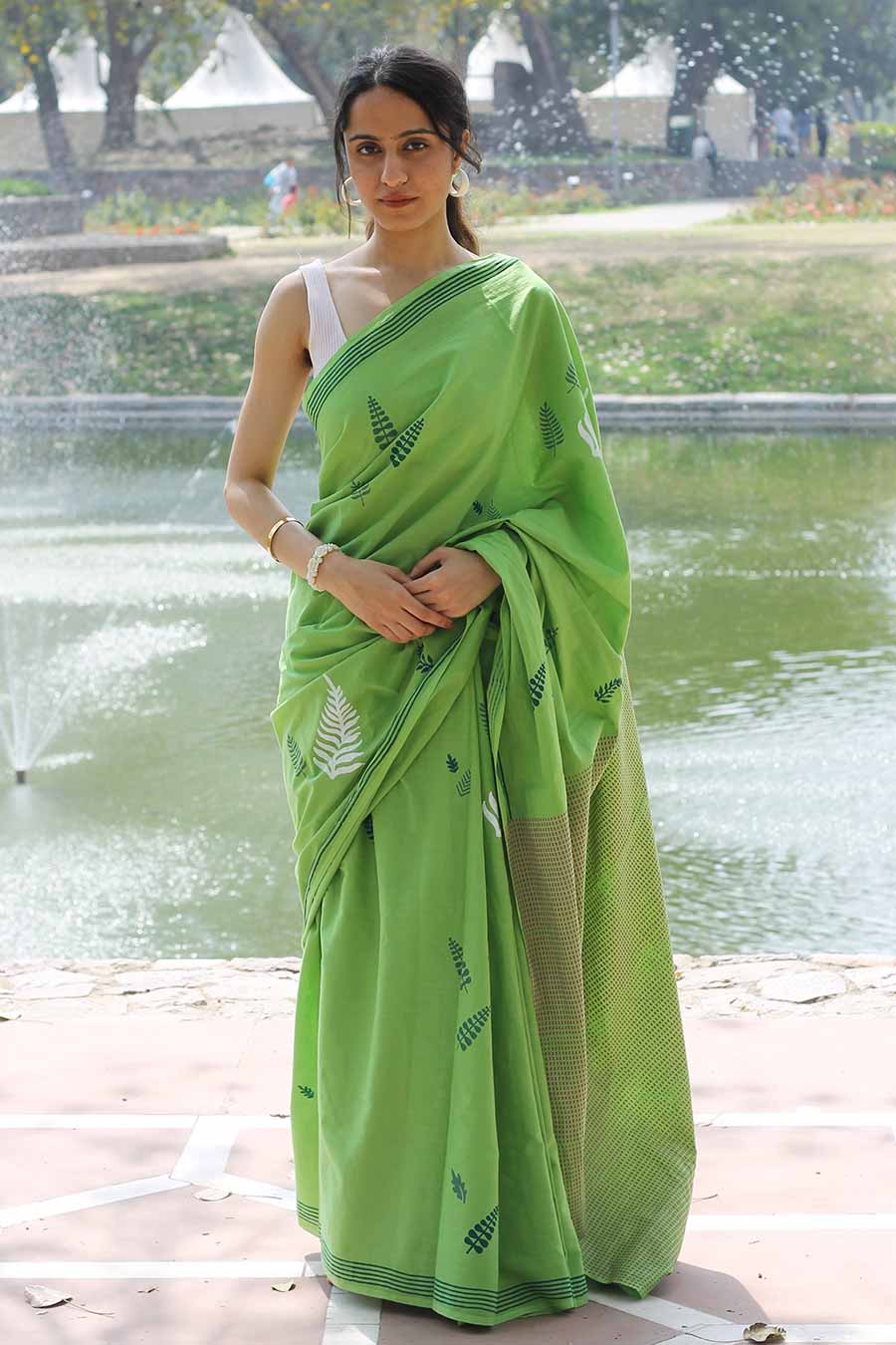 Green Nature Inspired Hand-Block Printed Saree