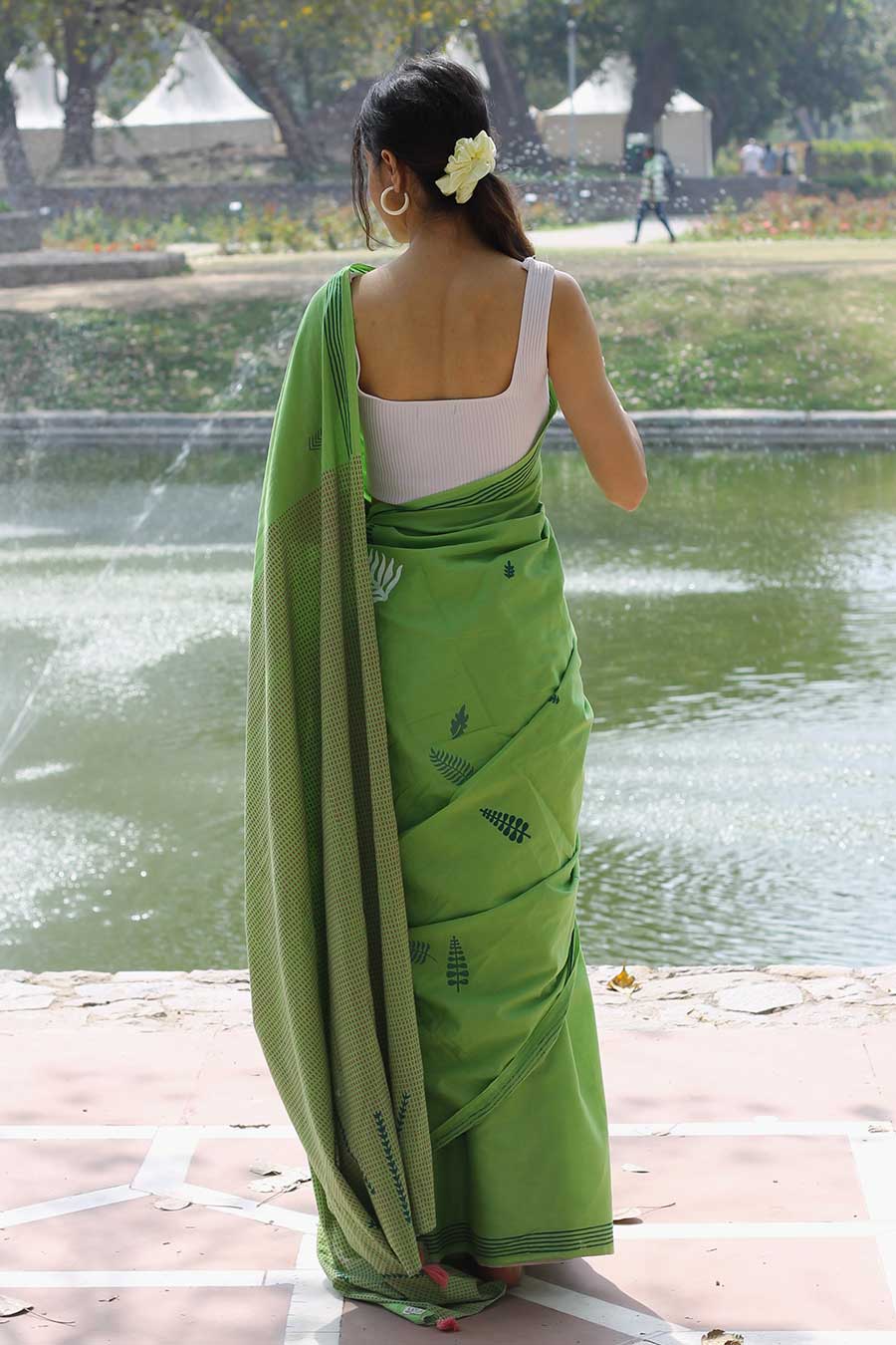 Green Nature Inspired Hand-Block Printed Saree