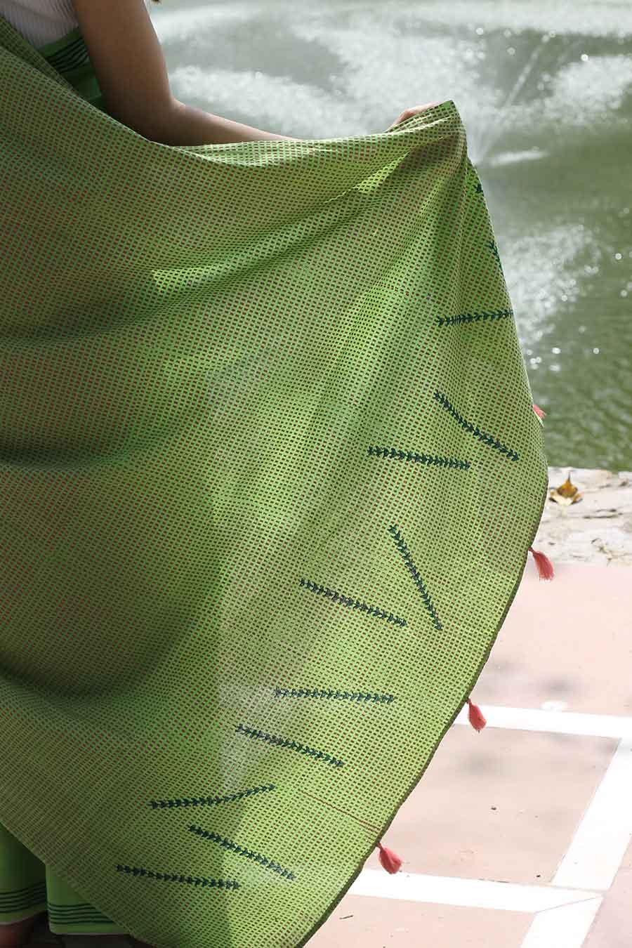 Green Nature Inspired Hand-Block Printed Saree