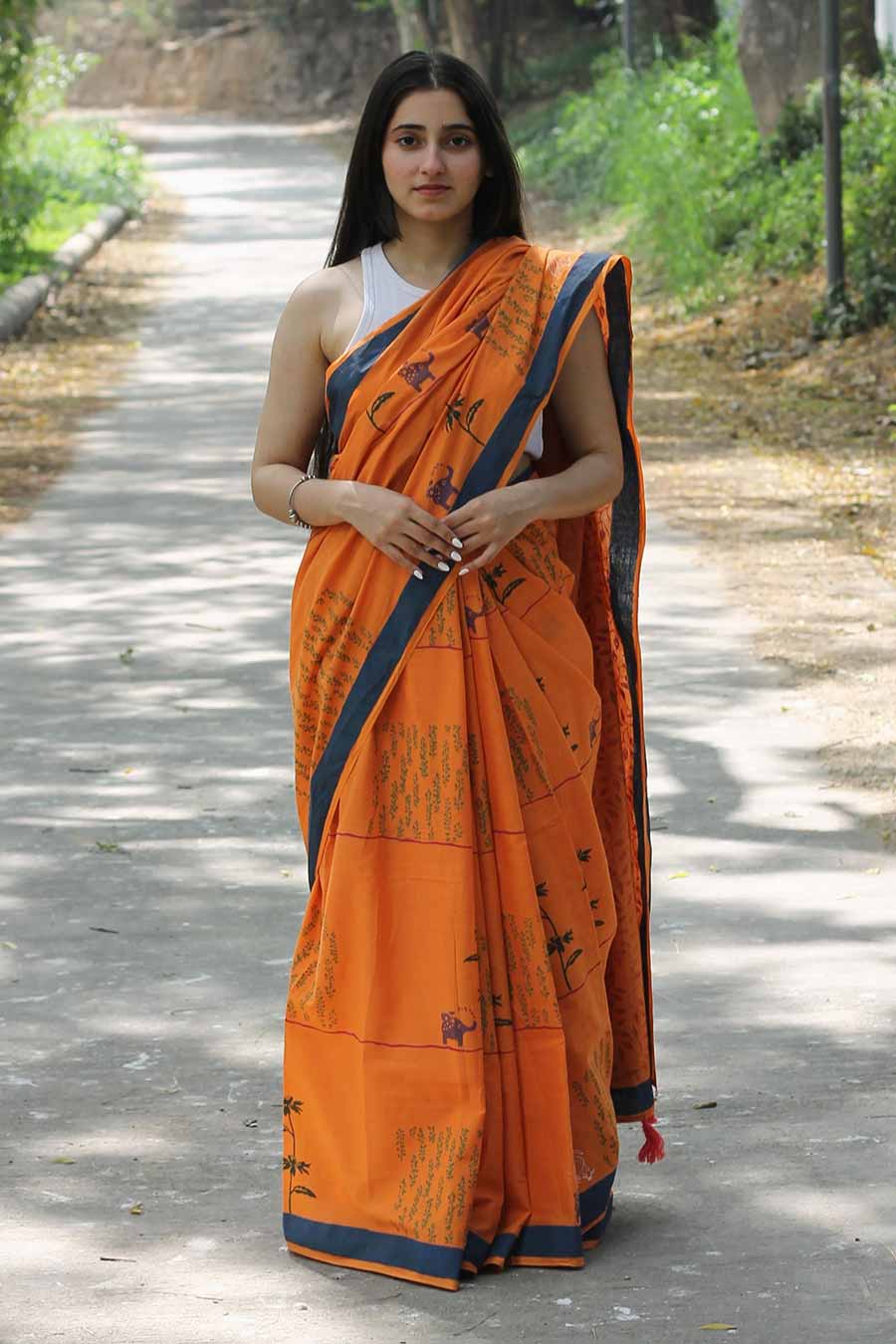 Orange Nature Inspired Hand-Block Printed Saree