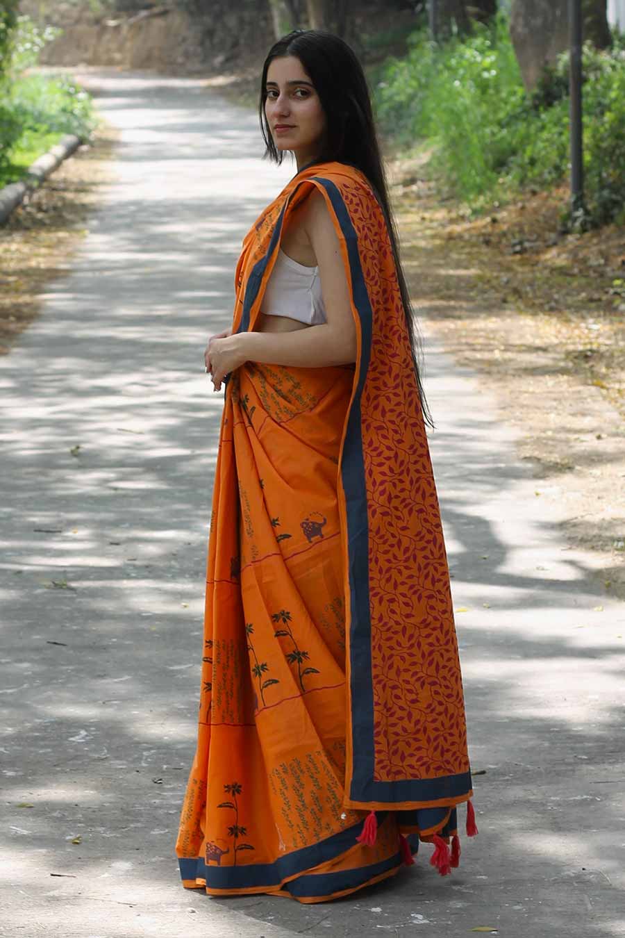 Orange Nature Inspired Hand-Block Printed Saree