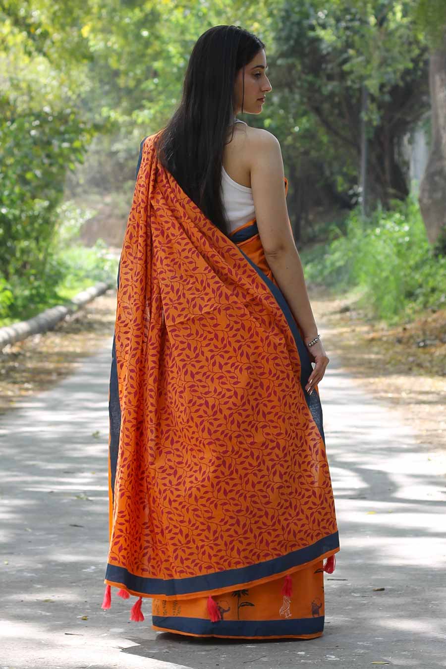 Orange Nature Inspired Hand-Block Printed Saree