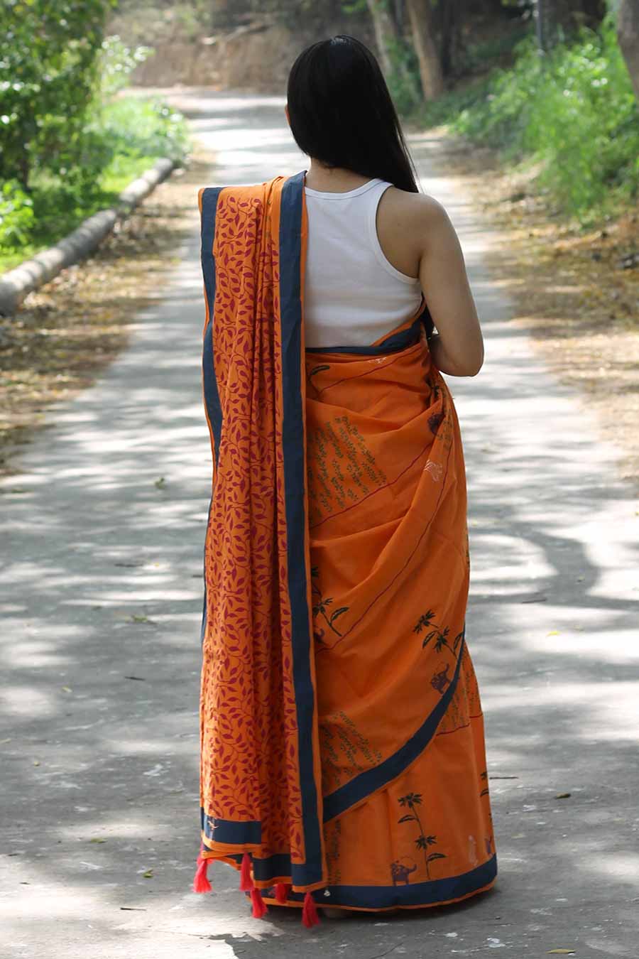 Orange Nature Inspired Hand-Block Printed Saree