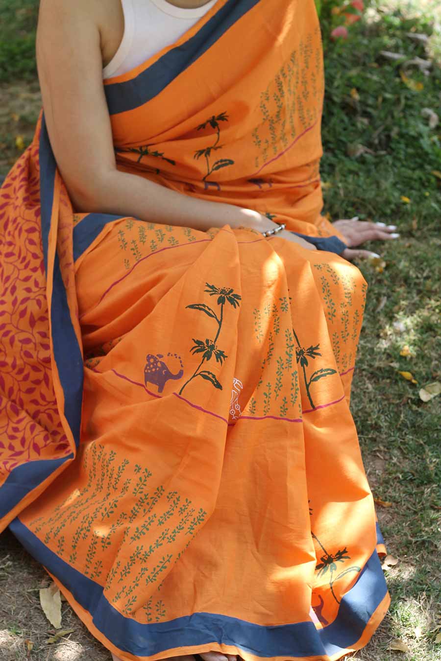 Orange Nature Inspired Hand-Block Printed Saree