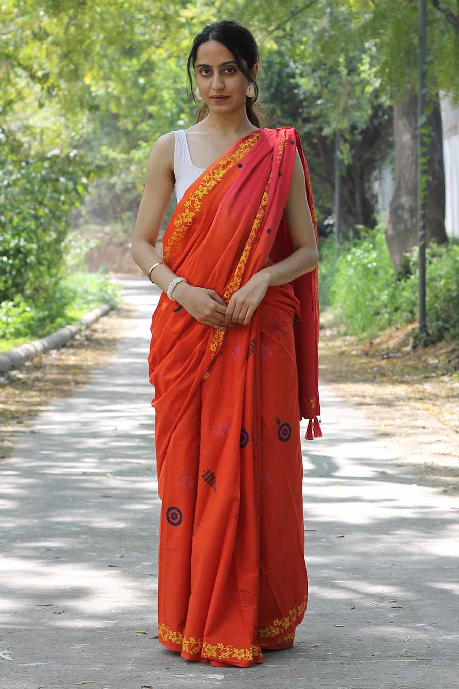 Orange & Pink Nature Inspired Hand-Block Printed Saree