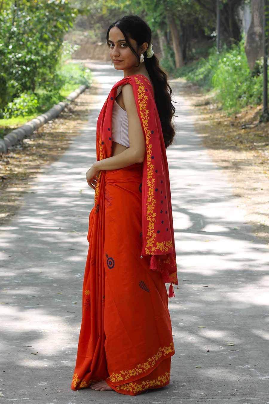 Orange & Pink Nature Inspired Hand-Block Printed Saree