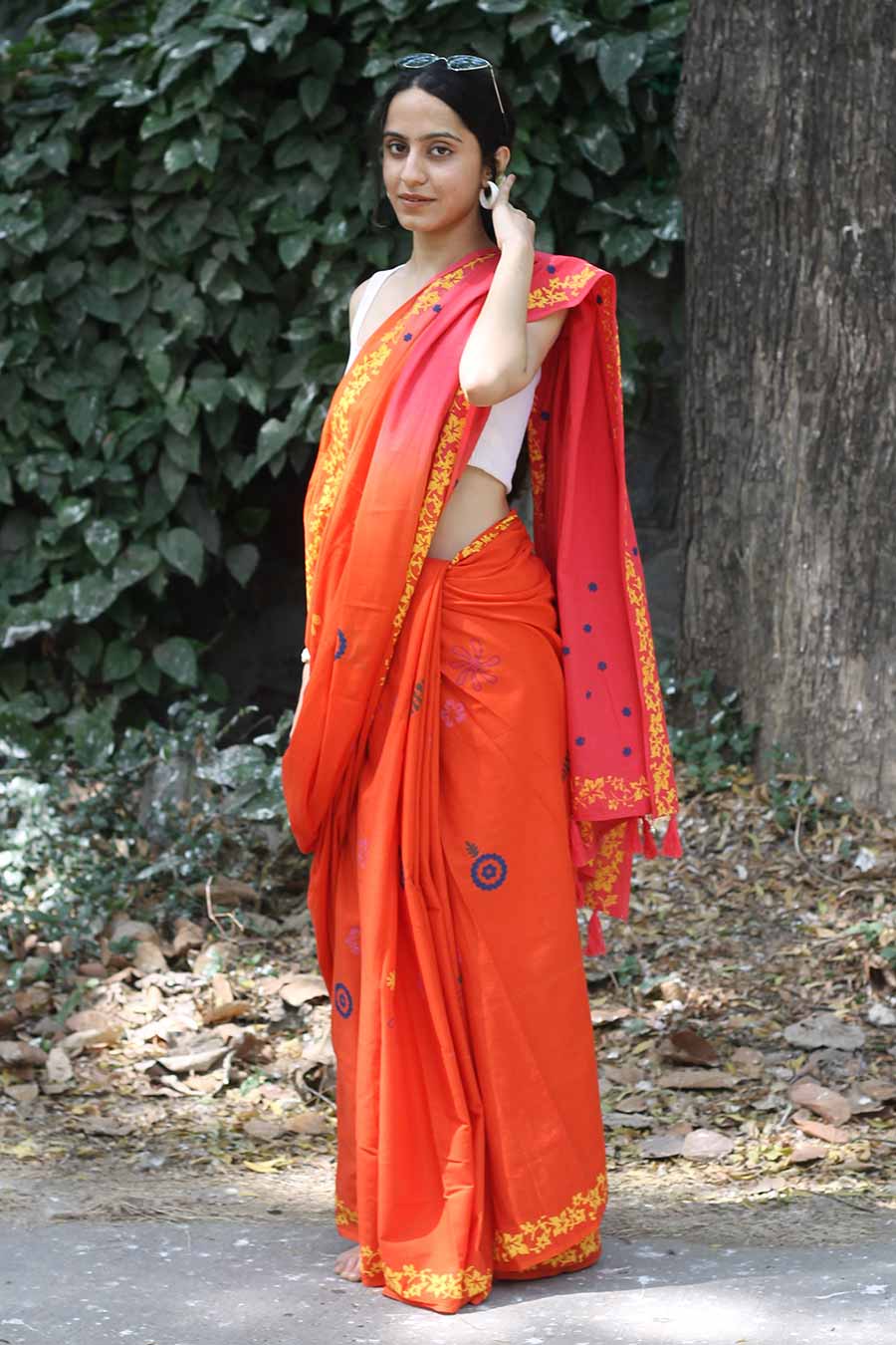 Orange & Pink Nature Inspired Hand-Block Printed Saree