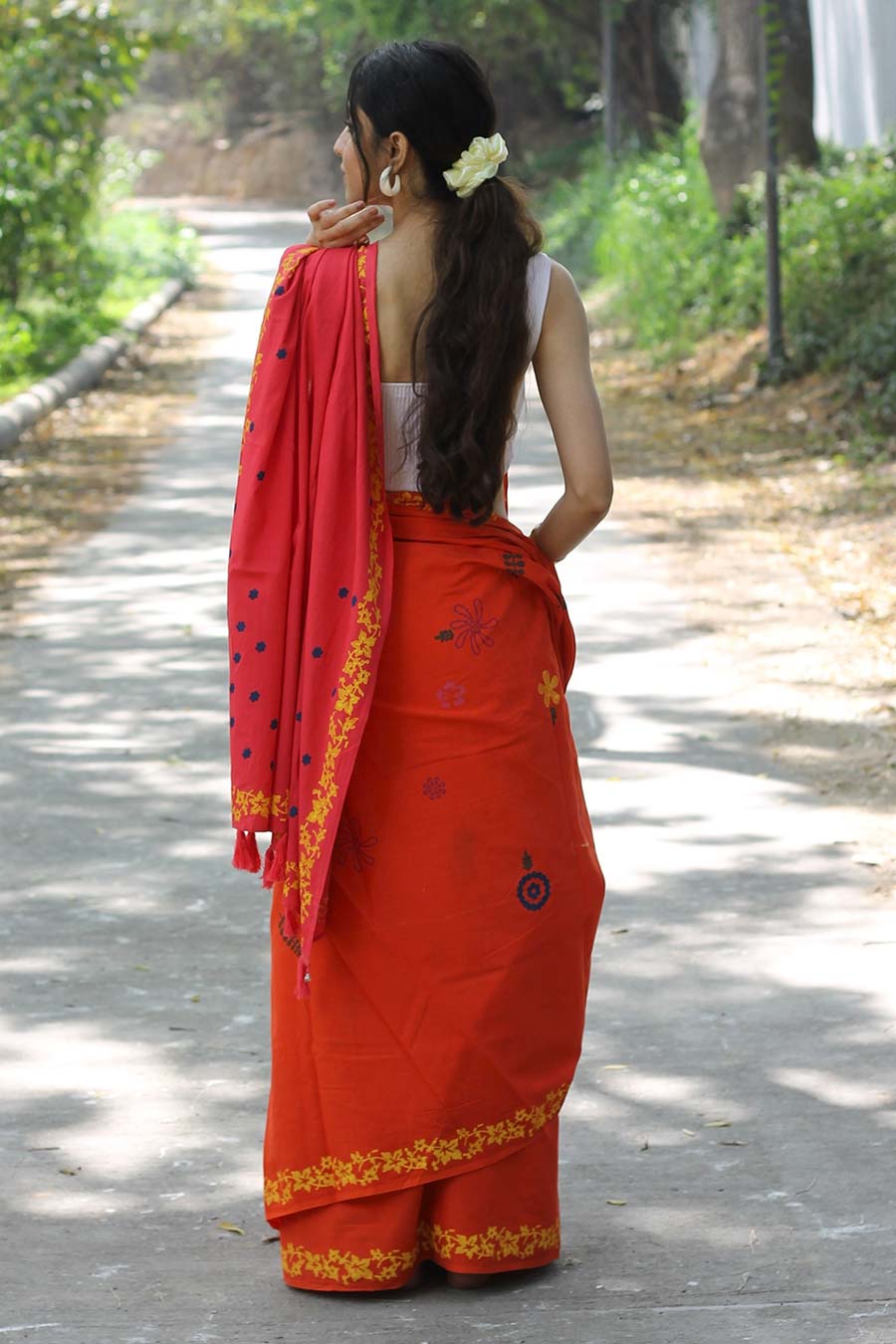 Orange & Pink Nature Inspired Hand-Block Printed Saree