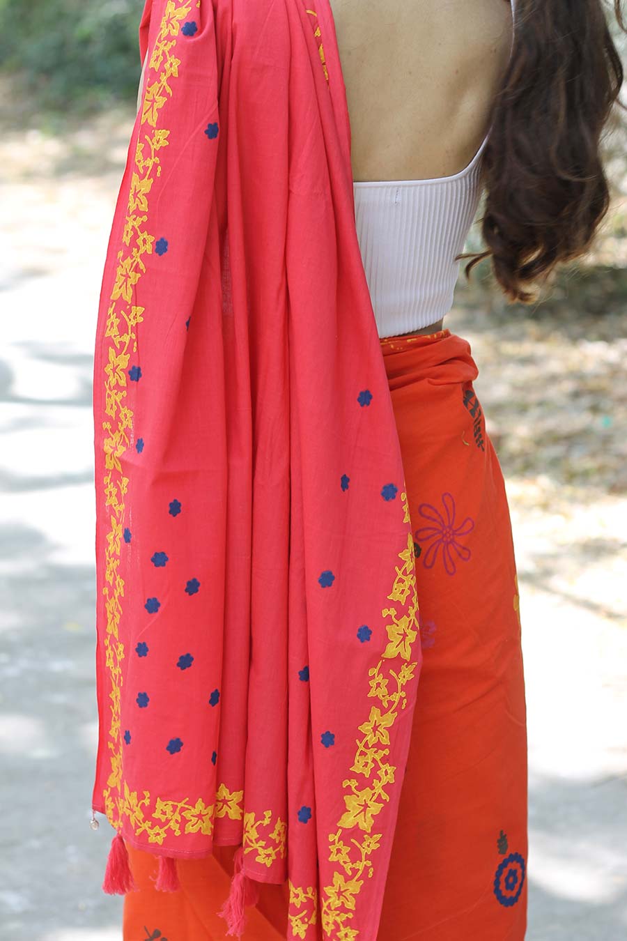 Orange & Pink Nature Inspired Hand-Block Printed Saree