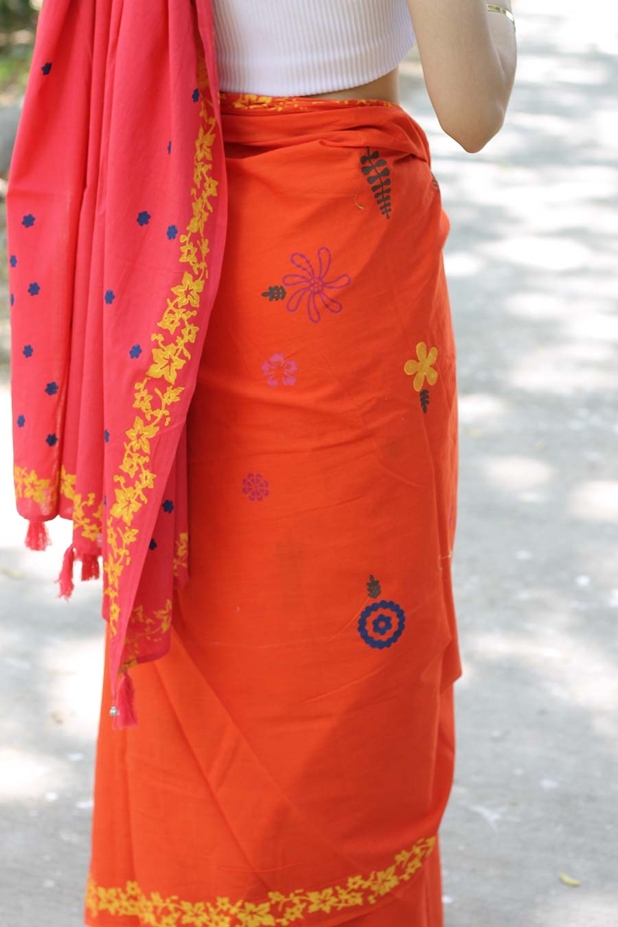 Orange & Pink Nature Inspired Hand-Block Printed Saree