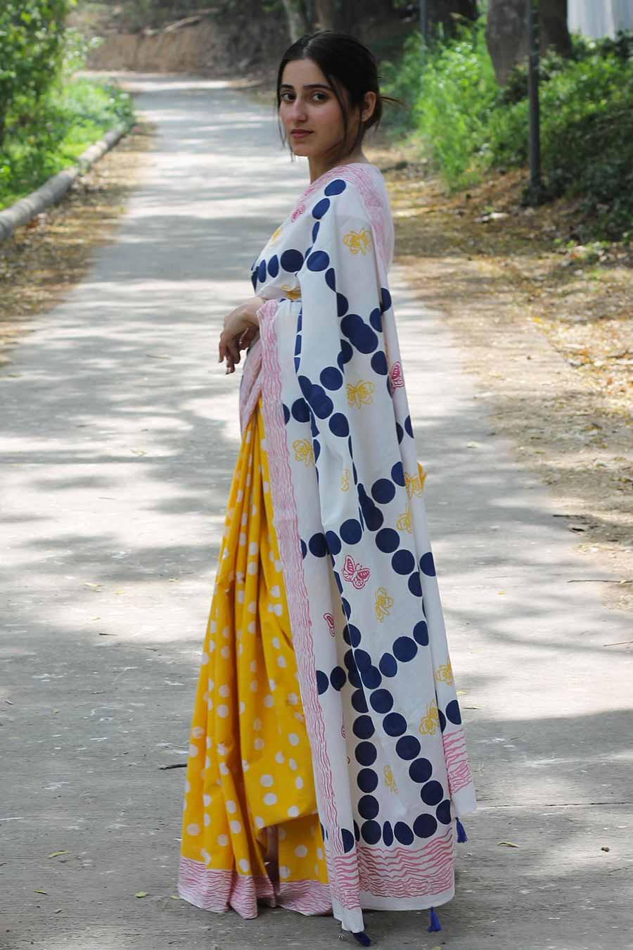 Yellow Hand-Block Printed Saree