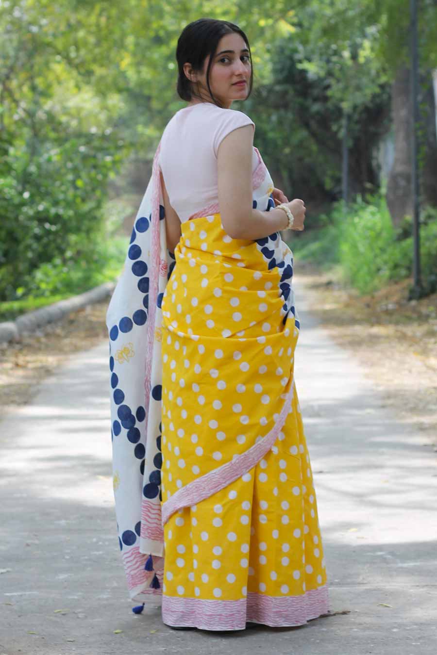 Yellow Hand-Block Printed Saree