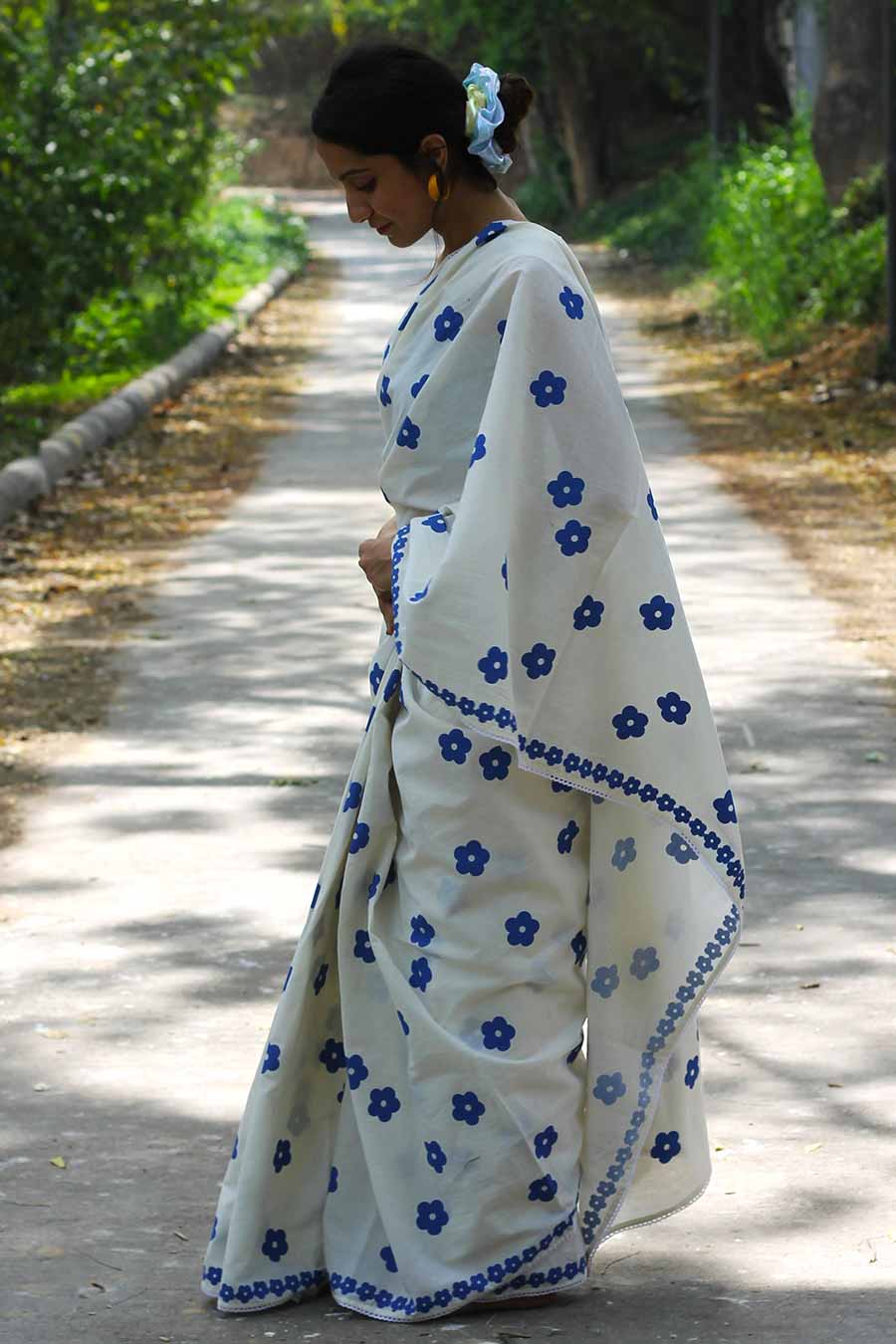White Hand-Block Printed Saree