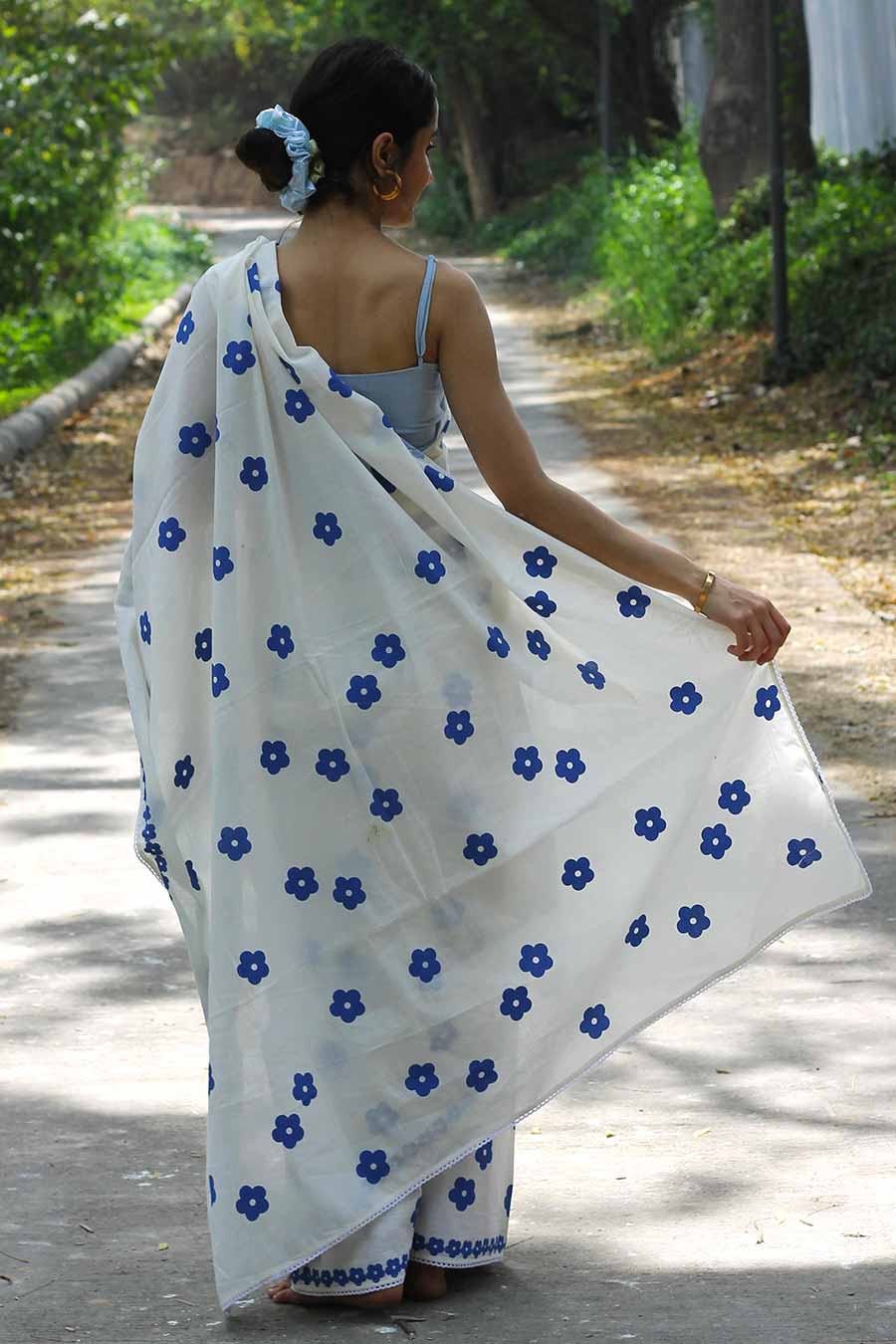 White Hand-Block Printed Saree