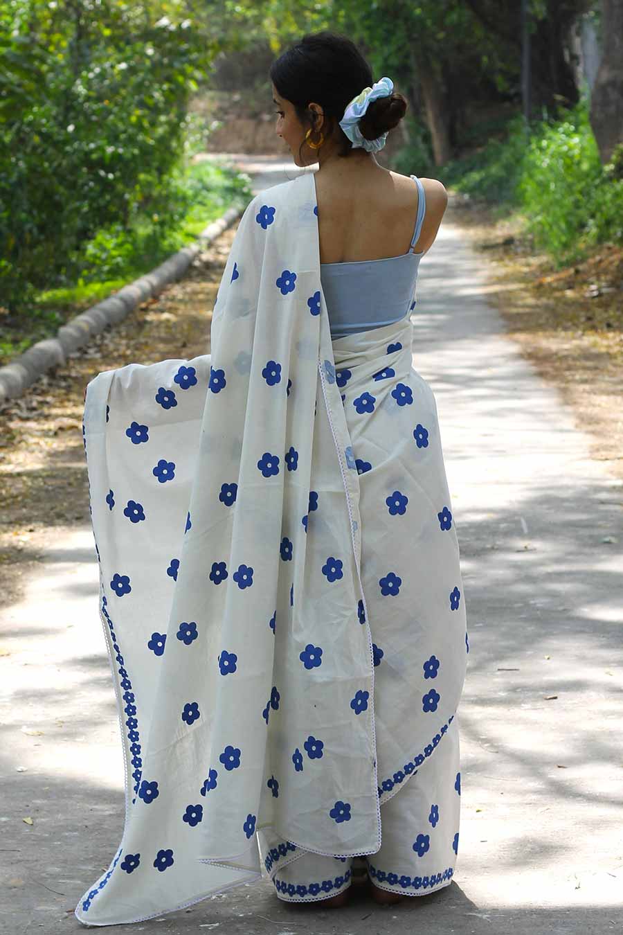 White Hand-Block Printed Saree