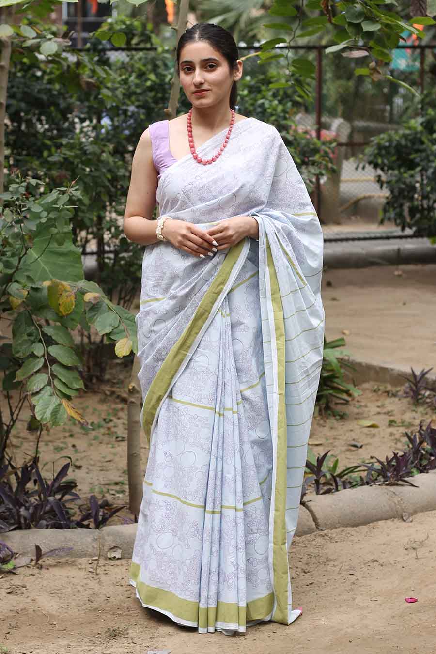 Blue Floral Hand-Block Printed Saree