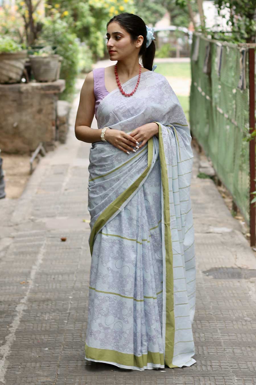 Blue Floral Hand-Block Printed Saree