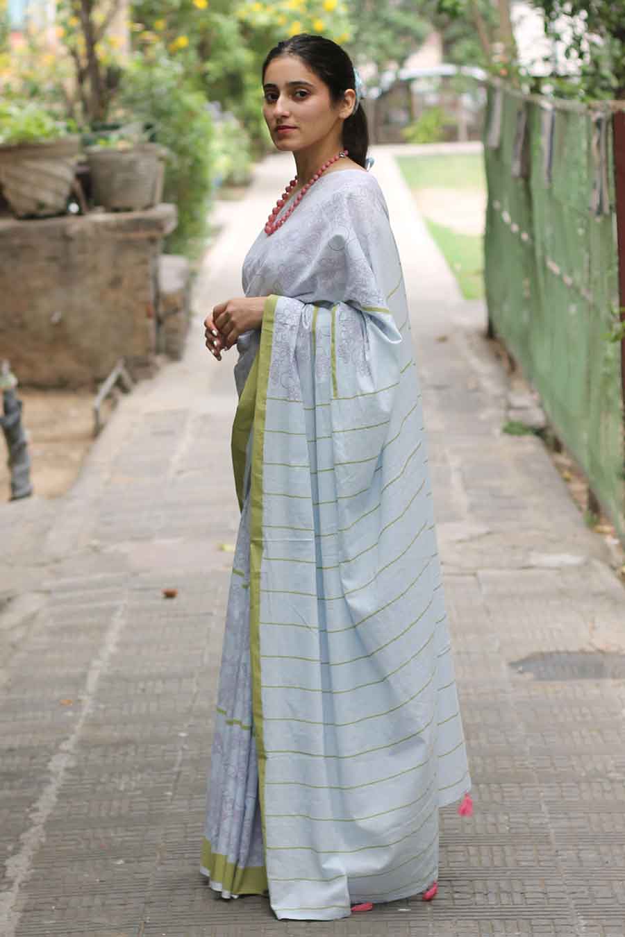 Blue Floral Hand-Block Printed Saree