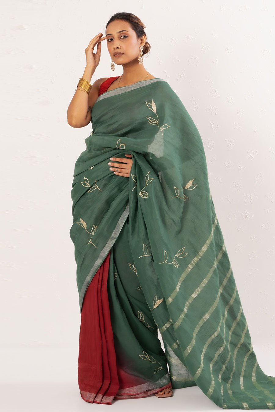 Green & Maroon Embroidered Handwoven Linen Saree