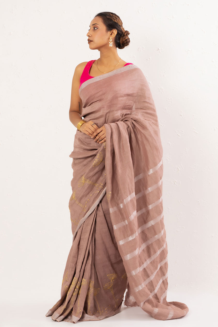 Old Rose Embroidered Handwoven Linen Saree