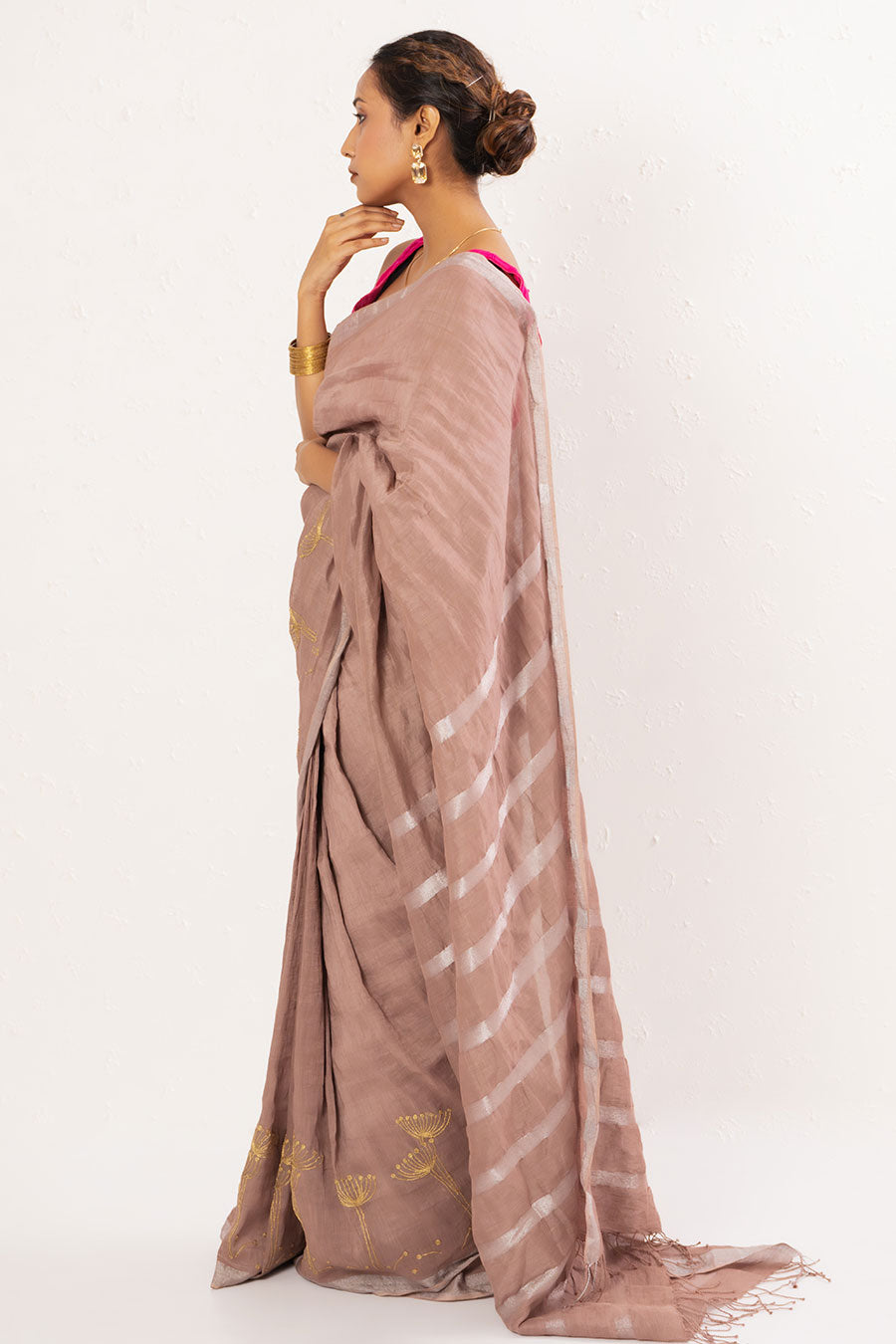 Old Rose Embroidered Handwoven Linen Saree