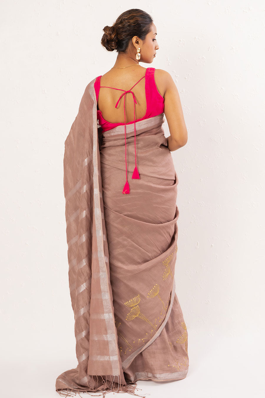 Old Rose Embroidered Handwoven Linen Saree