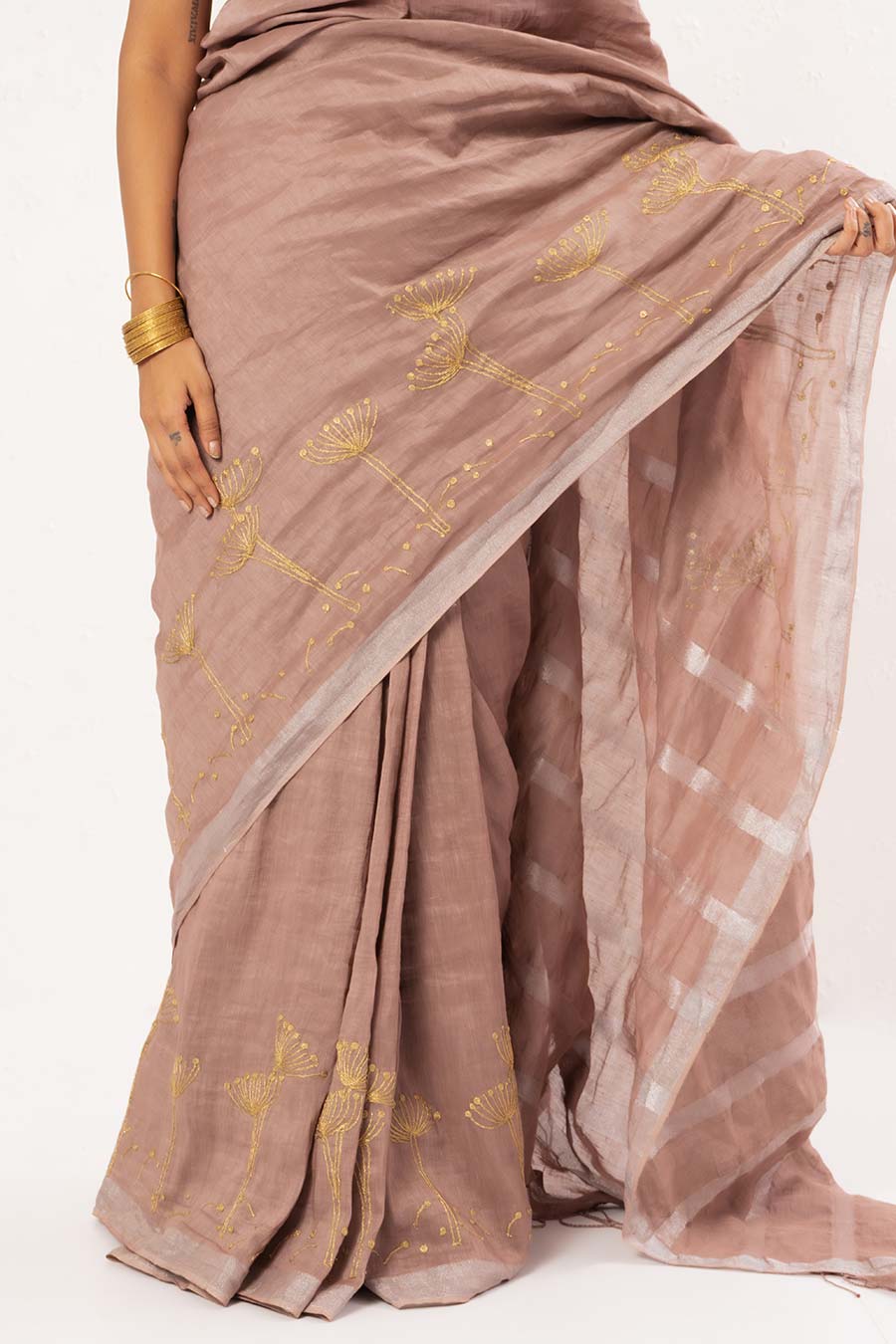 Old Rose Embroidered Handwoven Linen Saree
