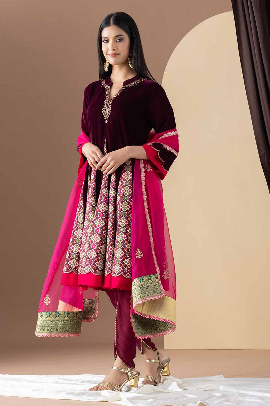 Wine Embroidered Short Kalidar Kurta Set