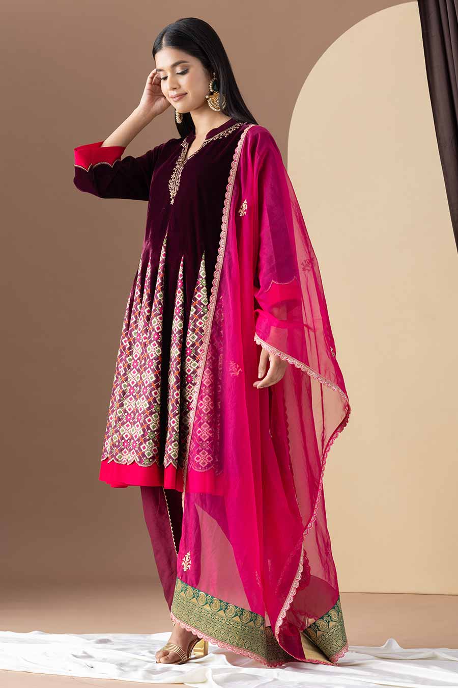 Wine Embroidered Short Kalidar Kurta Set