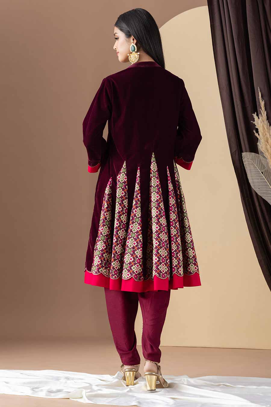 Wine Embroidered Short Kalidar Kurta Set