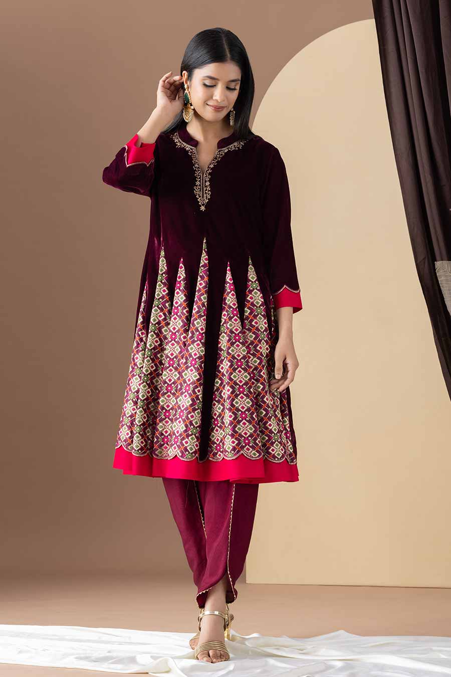 Wine Embroidered Short Kalidar Kurta Set
