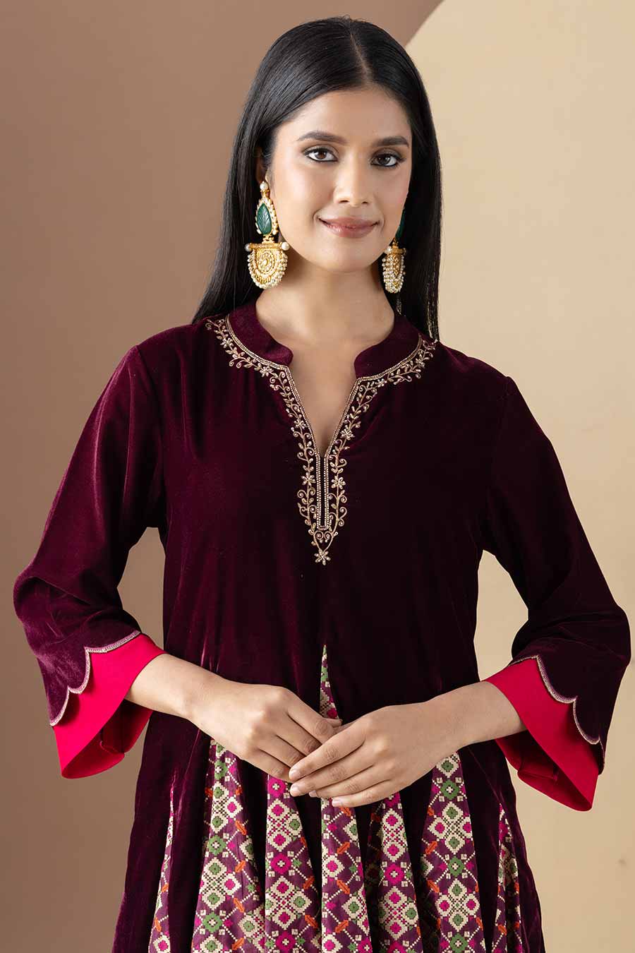 Wine Embroidered Short Kalidar Kurta Set
