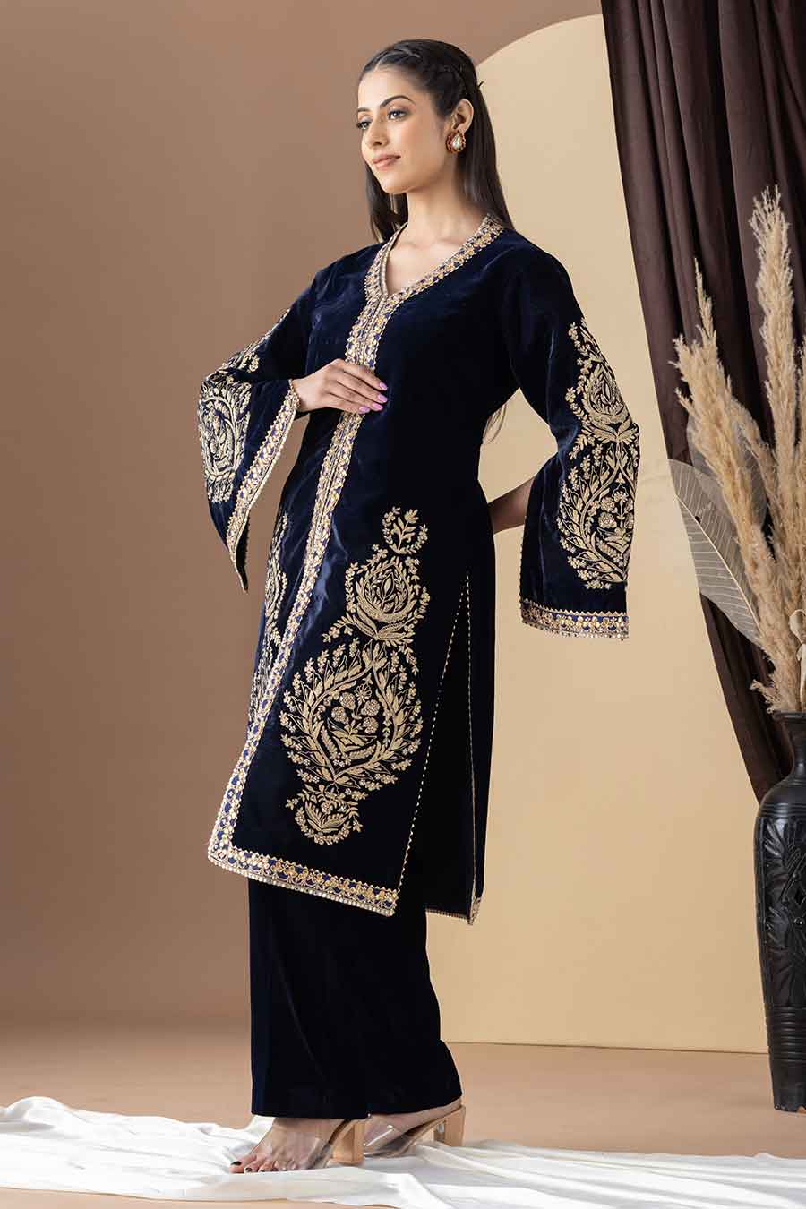 Navy Blue Embroidered Achkan & Pant Set