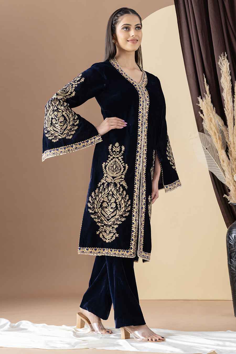 Navy Blue Embroidered Achkan & Pant Set