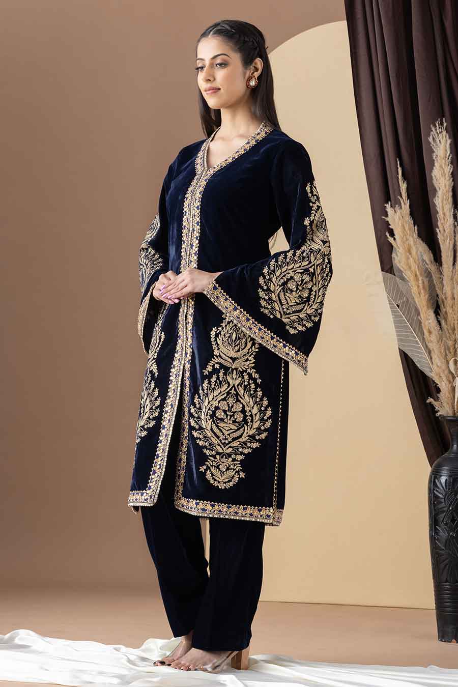 Navy Blue Embroidered Achkan & Pant Set
