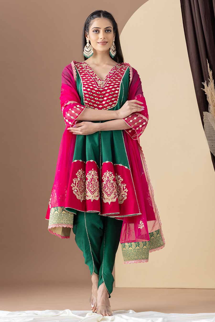Green & Pink Embroidered Kalidar Kurta & Dhoti Set