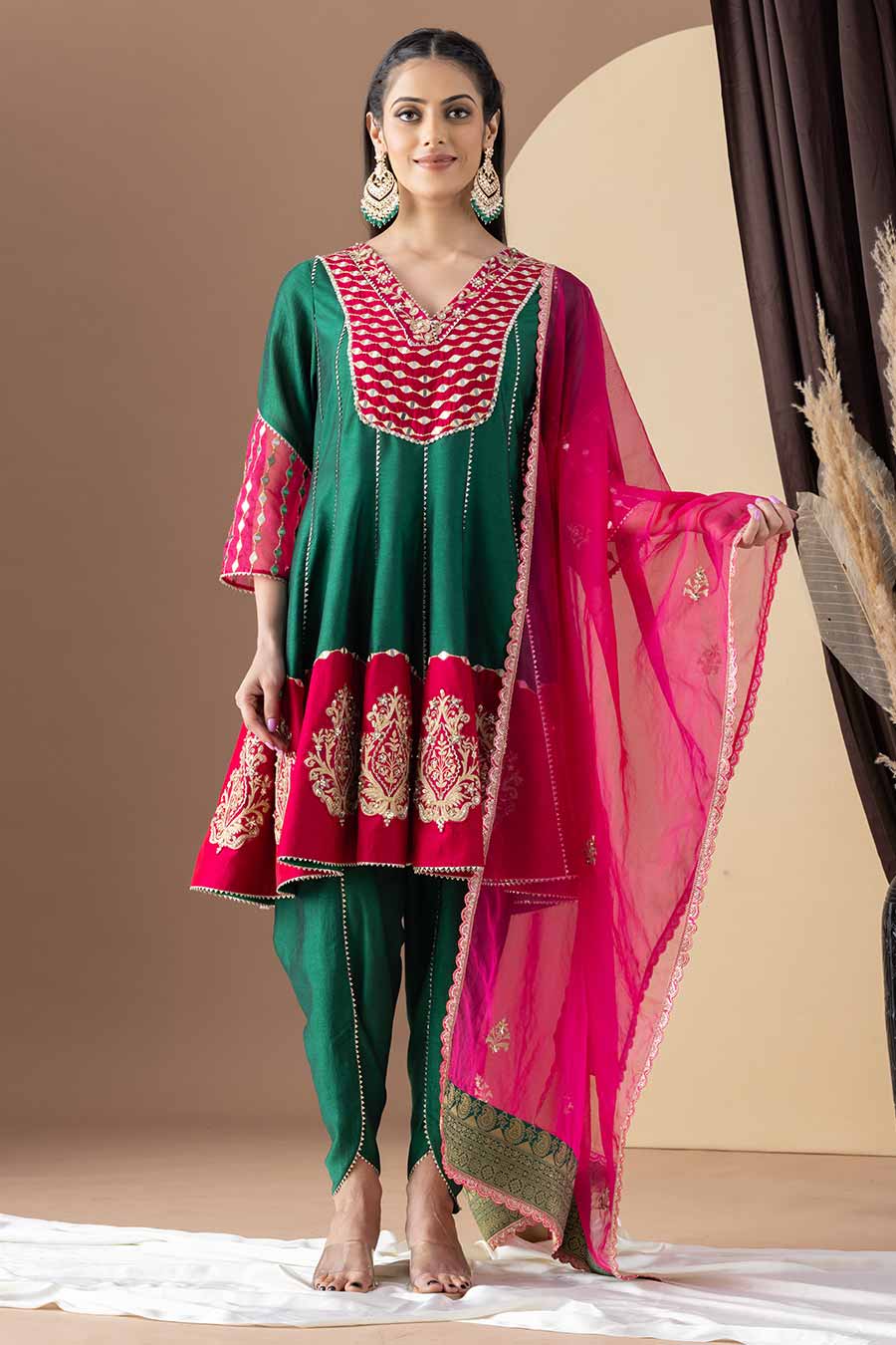 Green & Pink Embroidered Kalidar Kurta & Dhoti Set