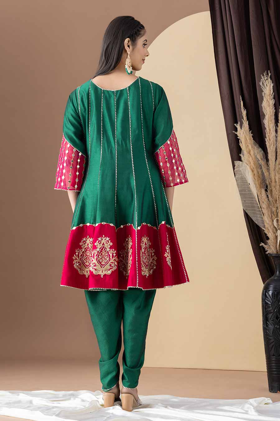 Green & Pink Embroidered Kalidar Kurta & Dhoti Set