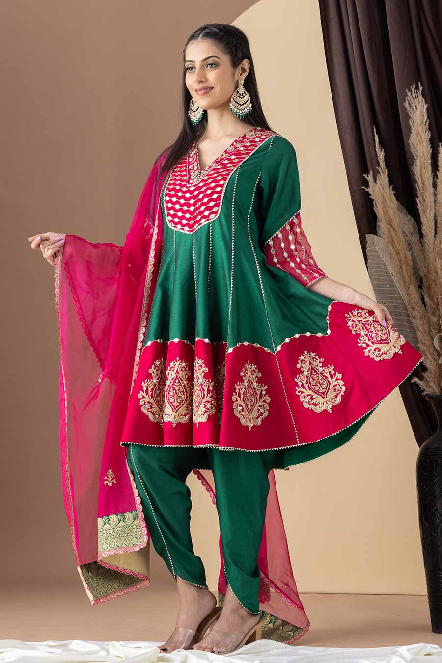 Green & Pink Embroidered Kalidar Kurta & Dhoti Set