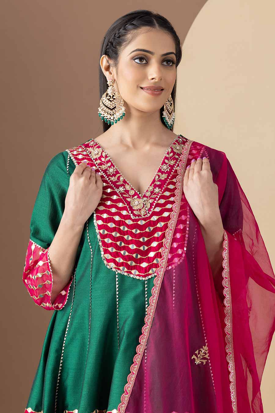 Green & Pink Embroidered Kalidar Kurta & Dhoti Set