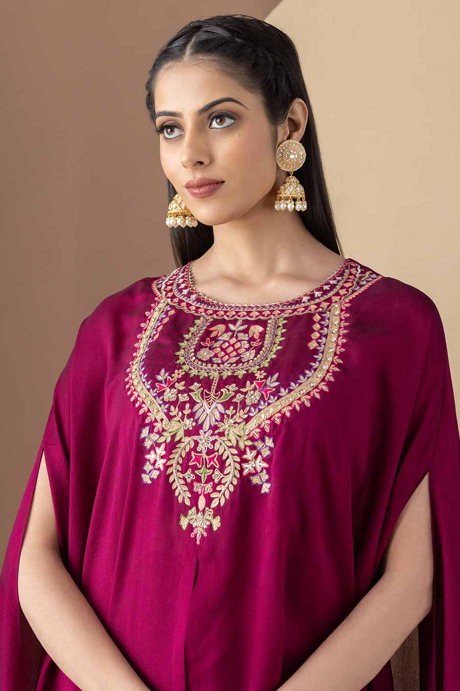 Wine Embroidered Cape & Drape Skirt Set