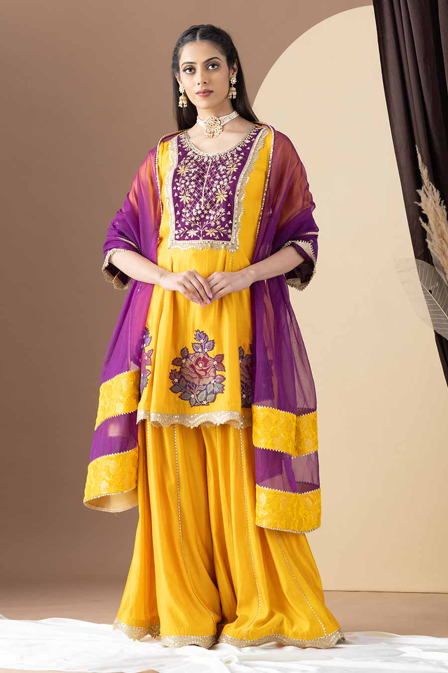 Yellow & Purple Embroidered Kalidar Sharara Set